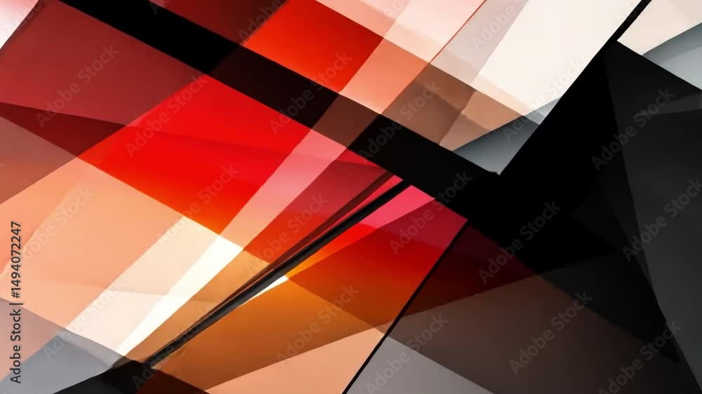 Poster dynamic abstract composition of geometric shapes in vibrant red, orange, black, and white colors, cr