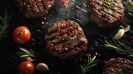 Juicy grilled beef burgers topped with fresh herbs and spices served with cherry tomatoes and garlic cloves on dark rustic surface for outdoor barbecue or dinner