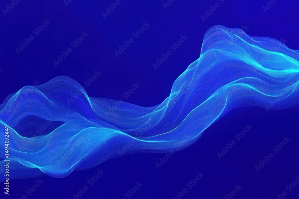 Poster flowing light blue abstract waves on a dark blue background creating a smooth and calming visual eff
