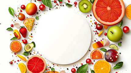 Obraz premium Fresh fruits and vegetables surround blank space, creating vibrant and colorful healthy food background perfect for recipes or menus