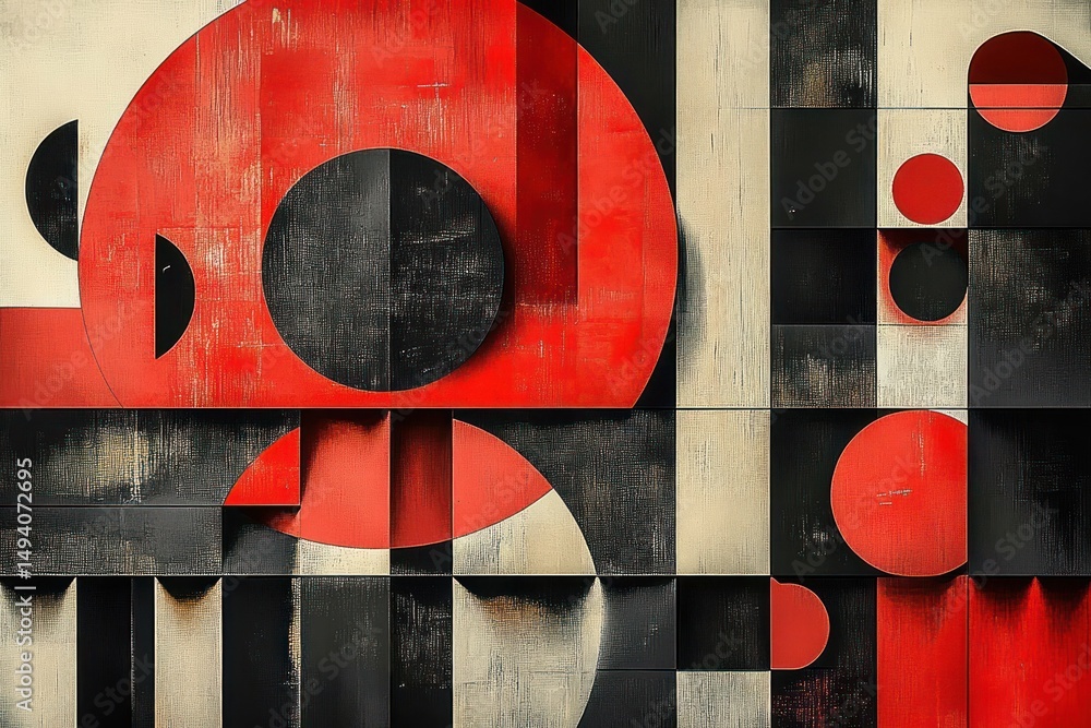 Aufkleber abstract geometric composition featuring overlapping red and black circles and rectangles on texture