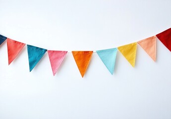 Colorful triangular fabric bunting hanging on a string against a plain white background, creating a festive and cheerful atmosphere