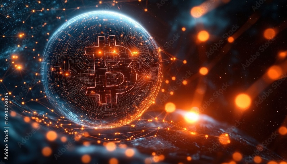 Poster glowing digital globe with intricate circuit patterns and a large bitcoin symbol surrounded by inter