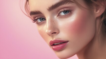 Fototapeta premium Close-up Portrait of a Young Woman with Blue Eyes and Soft Pink Makeup
