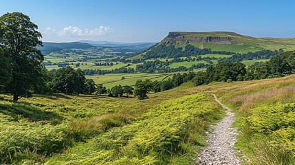 Fototapeta premium Scenic trail winds through verdant valley, leading to majestic distant peak under clear sky
