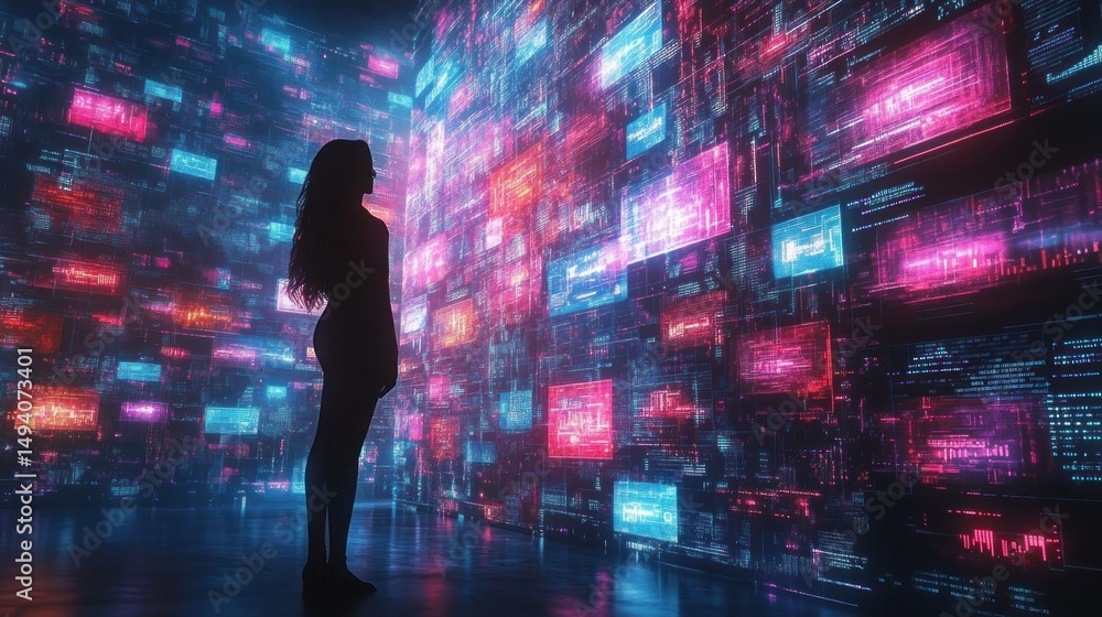 Poster silhouette of a person standing in front of a large vibrant digital wall filled with multicolored gl