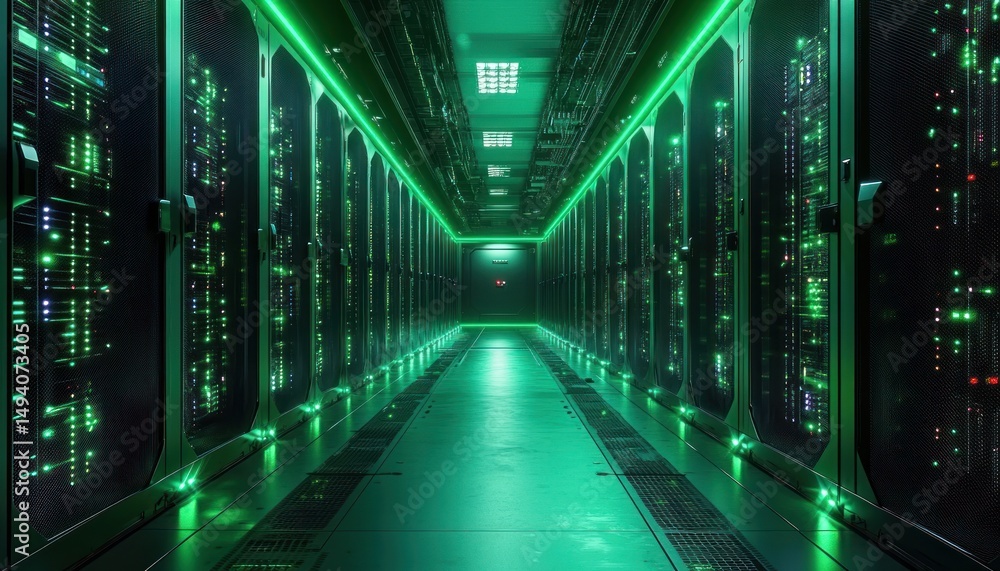Poster futuristic data center corridor with glowing green led server racks on both sides in a high-tech, se