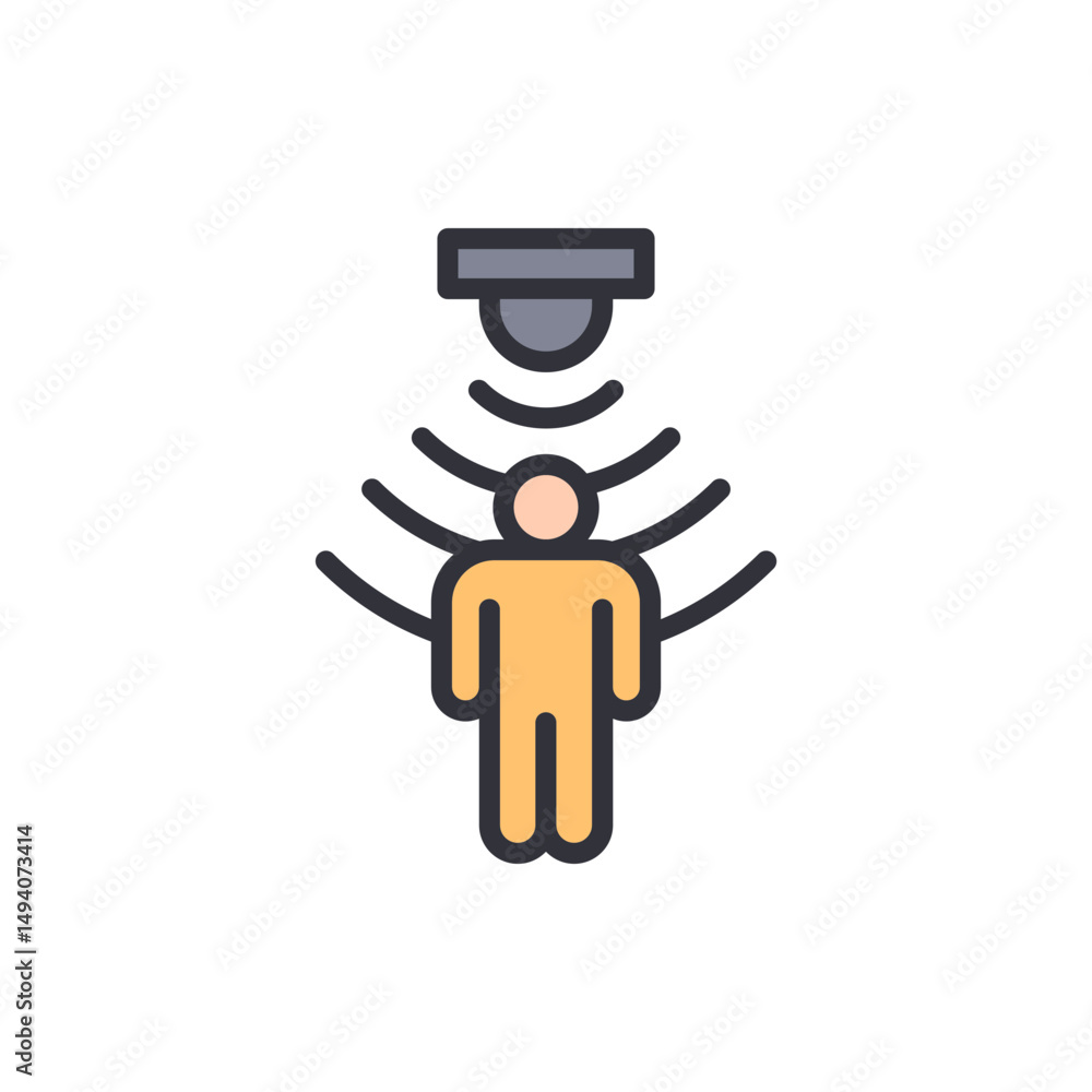 Poster simple icon of security camera monitoring a person with waves