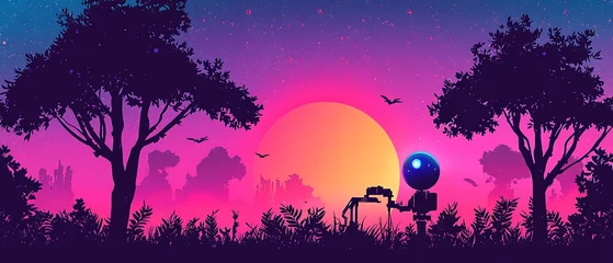Gordijnen Silhouette landscape with robot © bocil