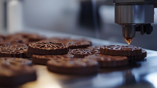 Chocolate cookies being produced by a 3d food printer.