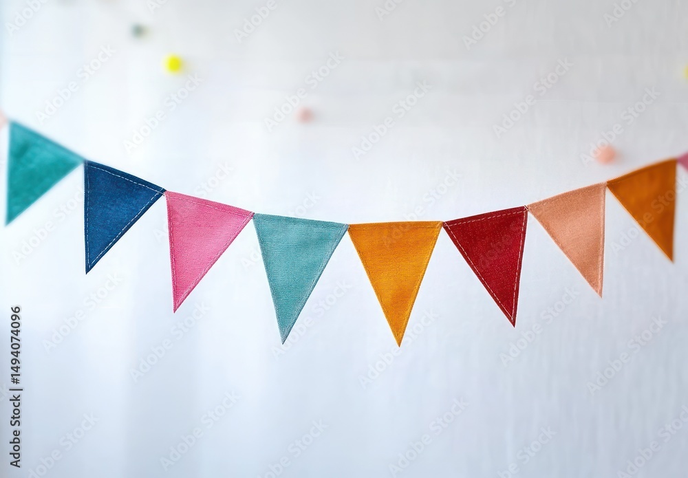 Poster colorful fabric pennant flags strung in a row against a plain white background, creating a cheerful 