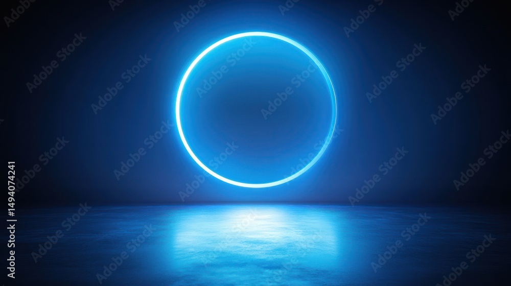 Poster glowing neon blue circle floating in dark space with reflective floor creating mysterious and futuri
