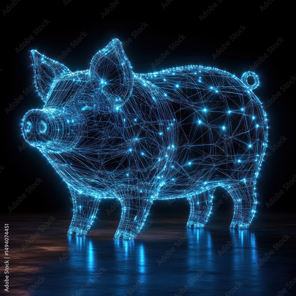 Poster 3d digital wireframe model of a pig made of interconnected glowing blue nodes and lines on a dark re