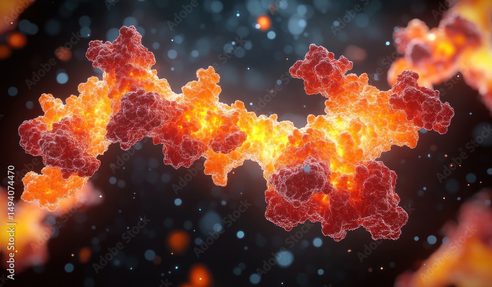 Poster close-up visualization of a glowing orange and red molecular structure with bright core and complex 