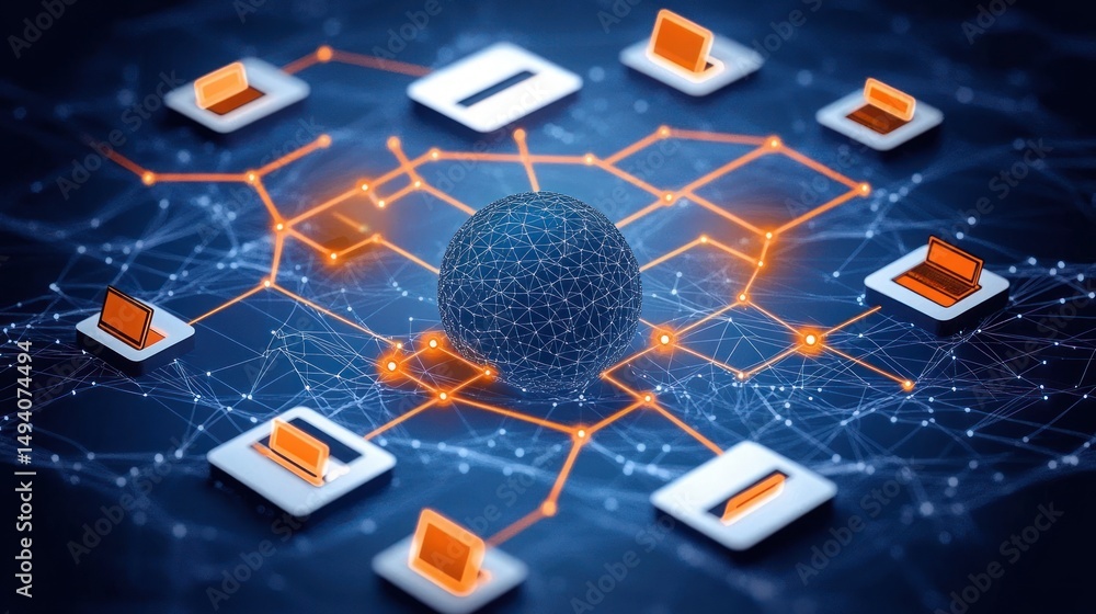 Poster digital network concept with interconnected laptops linked to a central spherical node on a dark blu