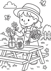 Cartoon Farm Girl and Animal Friends – Black and White Coloring Sheet