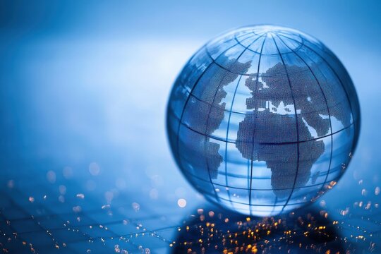 Transparent globe showing mapped continents with blue tones and bokeh light reflections symbolizing global connectivity and technology