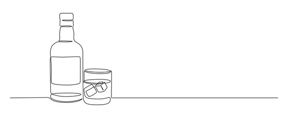 Glass and bottle of whiskey in one continuous line drawing. Whisky and liquor with ice cubes for alcohol drink menu in simple linear style. Editable stroke. Doodle vector illustration