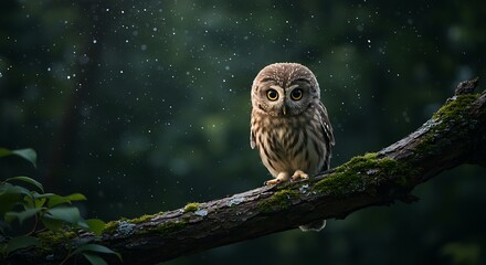 A small owl perched on a tree branch, with big, round eyes, surrounded by soft moonlight and stars