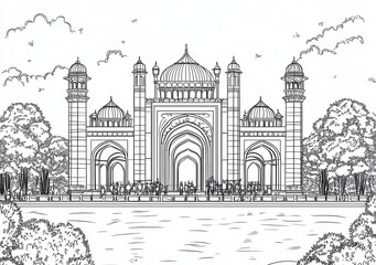 Grande mosquée, architecture islamique, dessin au trait