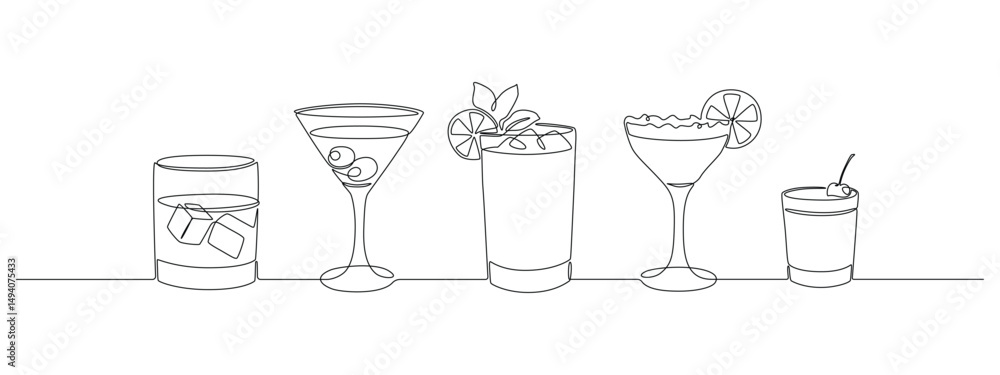 Poster glass of cocktails in continuous one line drawing. margarita toast and martini cup in simple linear 