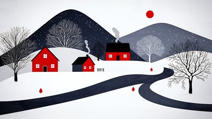 Red Houses on Snowy Hills Winter Landscape Illustration