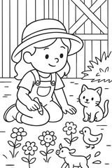 Cartoon Farm Girl and Animal Friends – Black and White Coloring Sheet