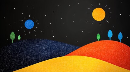 Stylized Night Landscape with Colorful Hills and Celestial Bodies