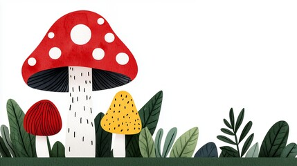 Whimsical Pixel Art Mushrooms and Green Leaves on White