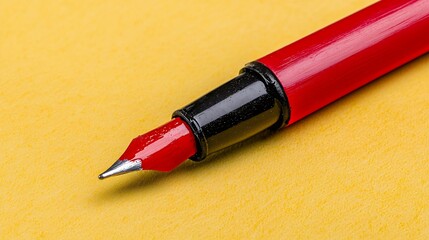 Red Fountain Pen on Yellow Background Close up