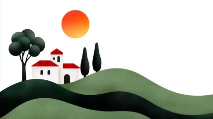 Serene Sunset Landscape Illustration White House on Rolling Green