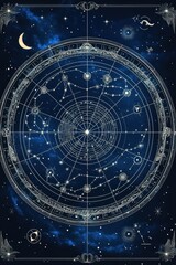 Circular star chart with detailed constellation patterns over a deep blue starry night sky featuring a crescent moon and decorative celestial symbols