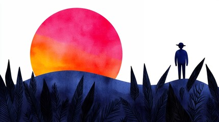 Silhouette Person on Hill at Vibrant Watercolor Sunset