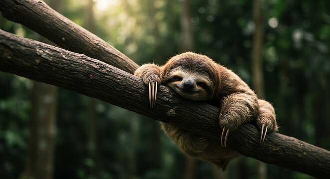 A sleepy sloth hanging lazily from a tree branch, with its eyes half-closed and a peaceful expression on its face