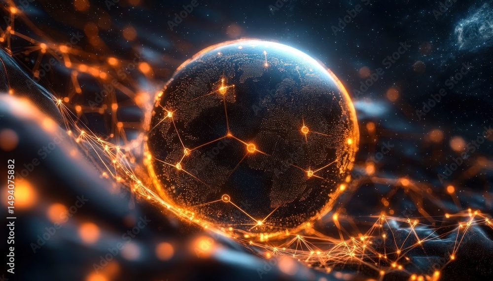 Aufkleber digital glowing globe surrounded by interconnected orange network nodes against dark space backgroun