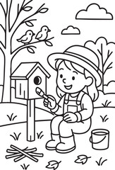 Cartoon Farm Girl and Animal Friends – Black and White Coloring Sheet