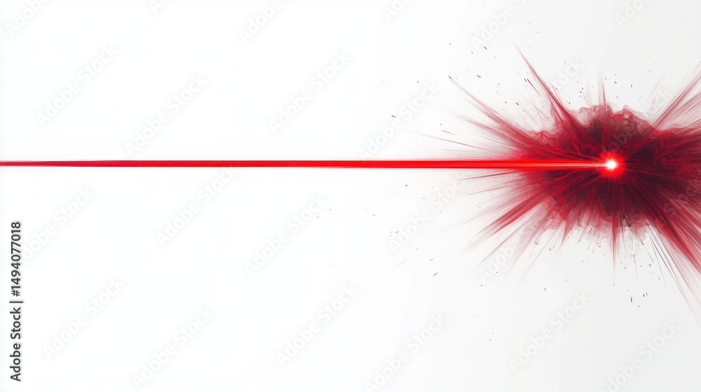 Poster bright red laser beam extending horizontally, ending in an explosive burst of red light and dynamic 