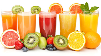 Fresh fruit juices colorful glasses showcase vibrant flavors and healthy ingredients, surrounded by assorted fruits like oranges, kiwis