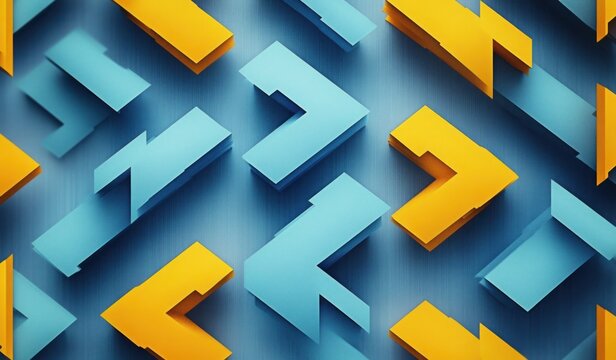 three-dimensional blue and yellow arrows pointing in various directions on a blue background creating a dynamic pattern