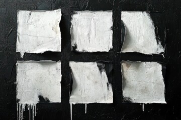 Six uneven white painted rectangles on a black textured surface with paint drips and peeling edges, creating an abstract, rough, and artistic composition