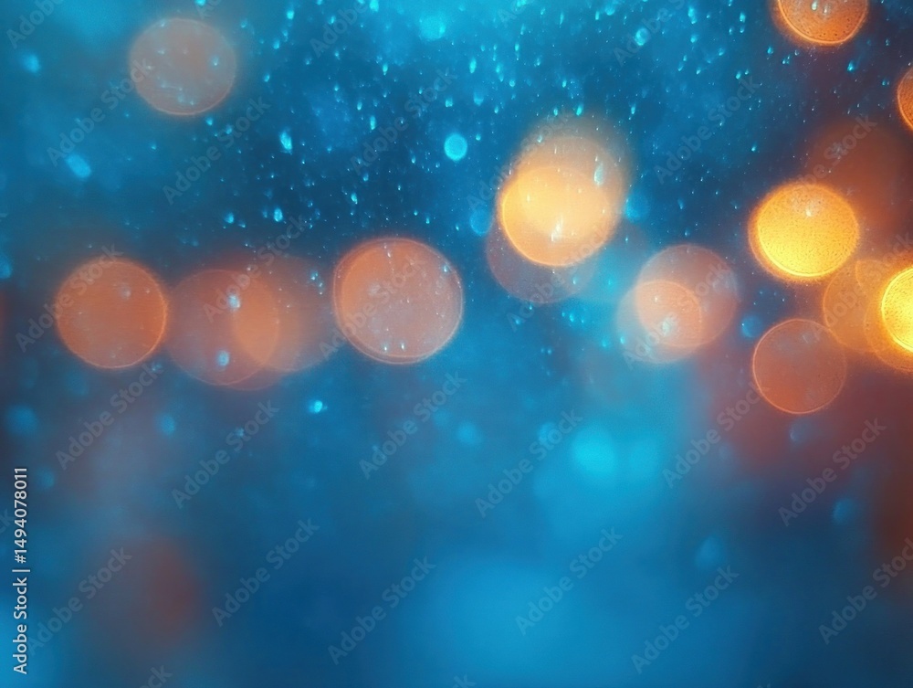 Poster abstract blue and orange bokeh lights with soft glowing orbs and scattered light particles creating 