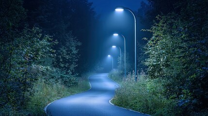 Winding path lit by lamps through dark, misty forest