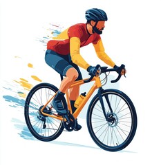 Fototapeta premium Man wearing helmet and cycling gear riding a road bike with vibrant motion effects on a white background
