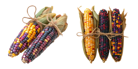 Colorful Corn Ears on Transparent Background with Rustic Tying