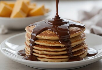 Pancakes with Chocolate Syrup Pouring Down on Plate