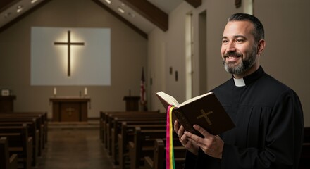 Smiling Caucasian male priest in black cassock holding an open Bible with a rainbow ribbon bookmark, standing inside a church with pews and an illuminated cross.
