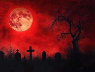 Silhouetted graveyard with crosses and tombstones under a large red moon and a barren tree against a blood-red sky creating a haunting atmosphere