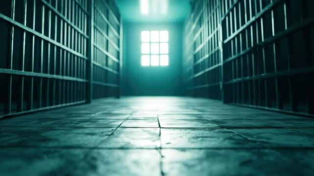 Prison corridor with metal bars and dim light, window casting shadows on tile floor, creating moody hallway atmosphere of confinement, jail security, and restricted passage.