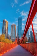 Fototapeta premium Bright red pedestrian bridge leading towards modern glass skyscrapers under a vibrant blue sky with scattered clouds in an urban cityscape