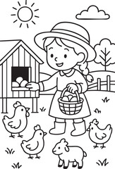 Cartoon Farm Girl and Animal Friends – Black and White Coloring Sheet